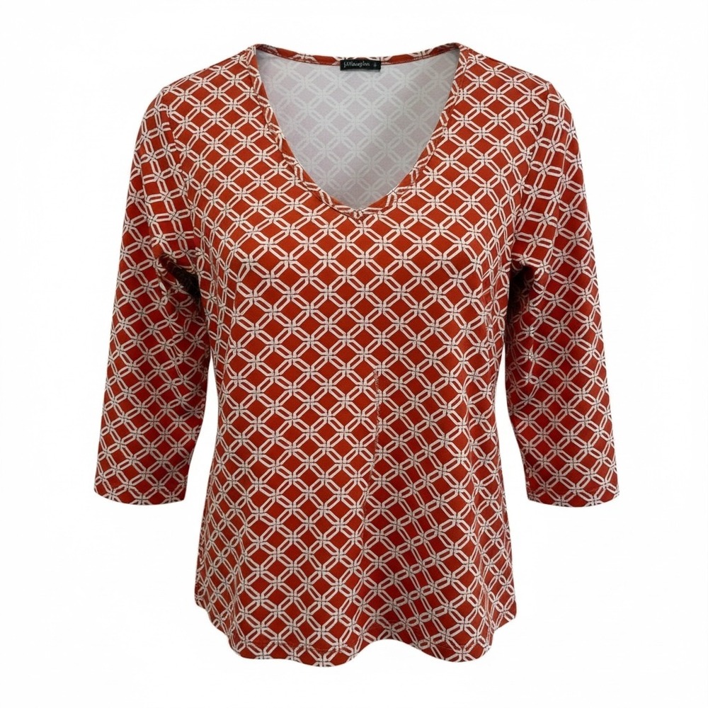 J. McLaughlin Mod Geometric Print Orange Catalina Cloth Signature Tee Size M